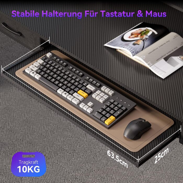 Регульований за висотою стіл Höfer з підставкою для клавіатури, 160x60 см. Стіл для комп'ютера з 2 шухлядами, підставка для монітора для дому/офісу, чорний 160 x 60 см