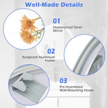 LED дзеркало для ванної кімнати FANTASK з підсвічуванням, проти запотівання, сенсорне керування, пам'ять, 60x54 см, срібло