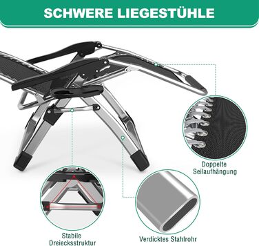 Шезлонг для відпочинку, розкладний, 200 кг, Zero Gravity, з подушкою, підстаканником, широкий, регульований, для саду, патіо, пляжу, басейну, сірий