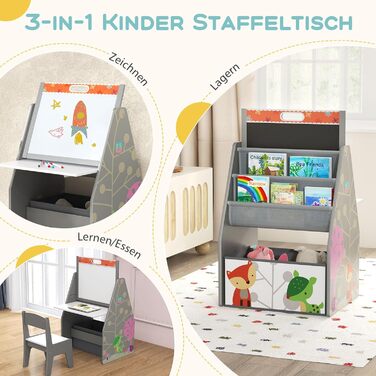 Дитячий набір 3 в 1 Dreamade: стіл, стільчик, книжкова полиця та контейнер, з магнітною дощечкою, сірий