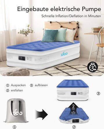 Односпальний надувний матрац iDOO, надувне ліжко з вбудованим повітряним насосом, гостьове ліжко з швидким накачуванням і дефляцією, надувний матрац для походів, сімейний відпочинок 190x100x46 см, синій одномісний - синій