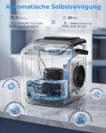 Льодогенератор Klarstein Ice Maker – Швидке виробництво льоду (12 кг/24 год), 2 розміри кубиків, самоочищення, для дому, кухні, офісу, бару – Чорний