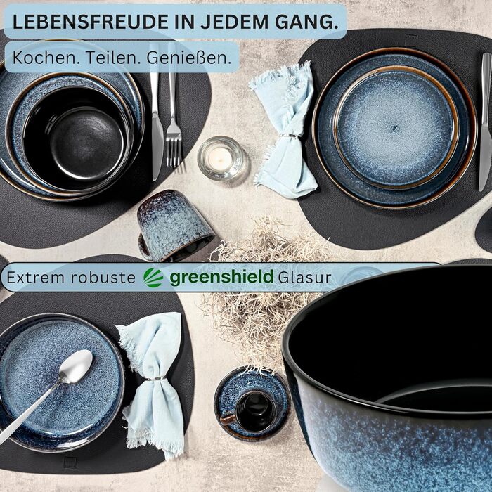 Набір посуду SÄNGER Steingut 18 предметів: 6 тарілок для їжі, 6 кашових тарілок, 6 десертних тарілок, блакитний колір з чорним бордюром, стійкий до подряпин. VALUE COLLECTION (Osaka, каші 6 шт.)