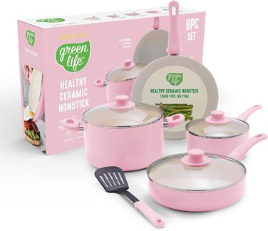 Набір посуду GreenLife Soft Grip 8 предметів: антипригарне покриття, кераміка, рожевий колір, з кришками, для приготування та тушкування