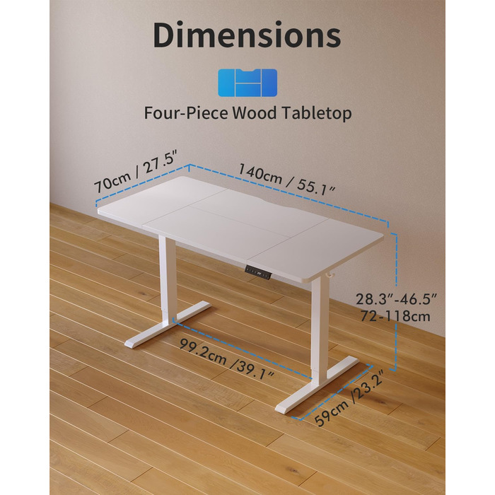 FEZIBO Стол регулируемый по высоте с USB-портами, 140 x 70 см, белый. Электрический стол для работы, эргономичный стоячий стол для дома и офиса