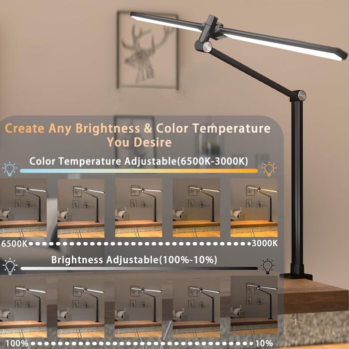 Лампа для столу Hapfish LED з кріпленням, 24W, подвійний насадка, світлодіодна лампа для монітора, широке та яскраве освітлення, 5 режимів кольору та 5 рівнів регулювання яскравості, денне світло, диммування для офісу, дому, дітей (з багатоосьовим шарніро