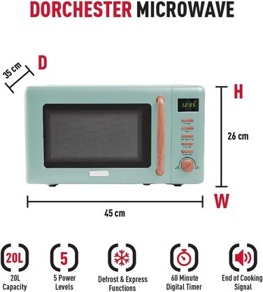 Мікрохвильова піч Haden Dorchester функції розморожування, розігрівання та приготування, 800 Вт, 20 л, односпальне ліжко Sage Green