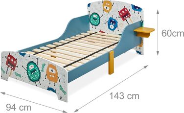 Дитяче ліжко Relaxdays, HBD 60x94x143 см, дитяче ліжко з полицею, захист від випадання, рейковий каркас, мотив монстра, МДФ, барвистий