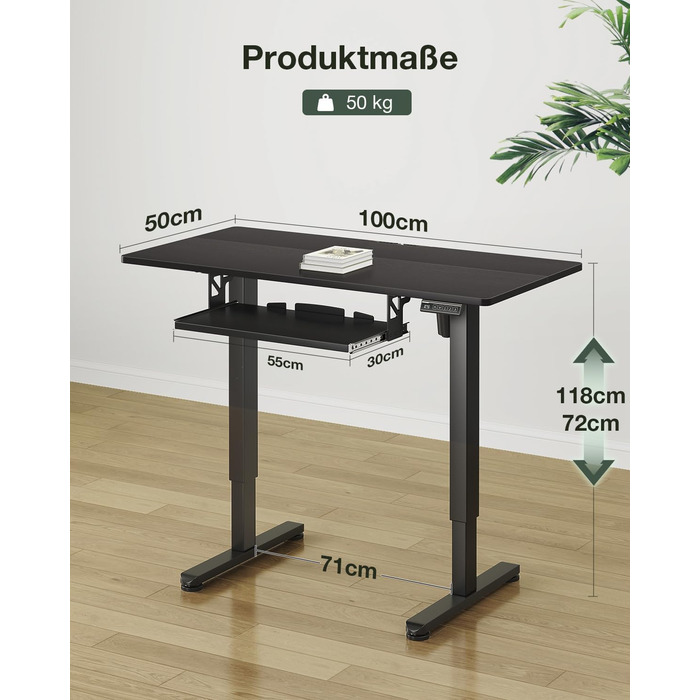 Електричний стіл OffiGo, 100x50 см, з підставкою для клавіатури, 3 режими пам'яті, для роботи та навчання, білий