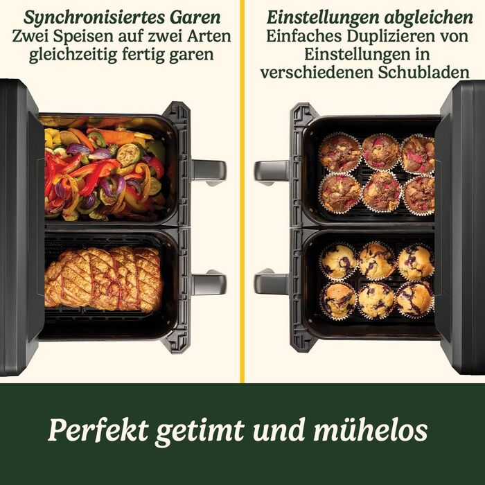 Фритюрниця Cuisinart XXL 10.4L з двома зонами, без PFAS та хімікатів. Брати, смажити, запікати, дегідратувати та підтримувати тепло. 2 камери (2 x 5.2L), 8+ порцій. Деталі придатні для миття в посудомийній машині. Чорний колір.