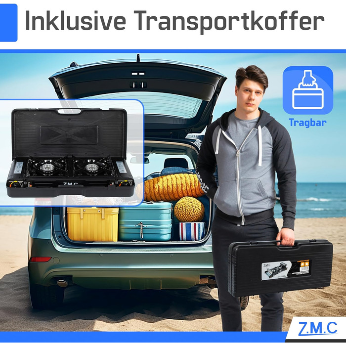 Преміум газовий набір для кемпінгу ZMC з 2 конфорками, 2,5 кВт, Piezo-запалювання, валіза для транспортування. Ідеально для відпочинку на природі, балкону та дому. Включає гриль-плиту 45×24 см та 227г газові картриджі.