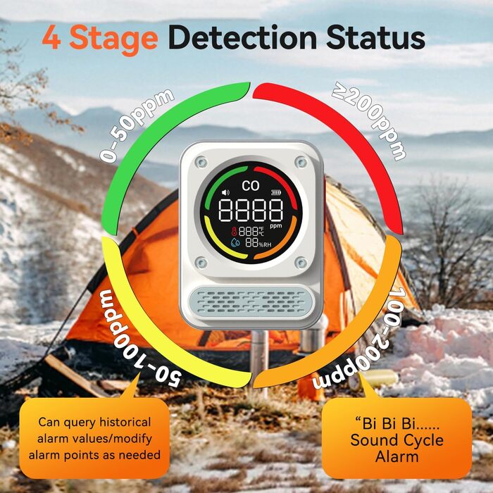 Портативний детектор чадного газу 3-в-1 з перезаряджаємою батареєю, сенсор на 10 років, 200 годин роботи для подорожей, кемпінгу, намету, автодому, дому, кухні