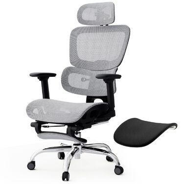 Ергономічне офісне крісло Voll-Mesh з підголівником, підставкою для ніг, регульованою спинкою, підлокітниками, саморегульованою поперековою підтримкою, PU-колесами, поворотним на 360°, навантаження до 150 кг, (Світло-сірий)