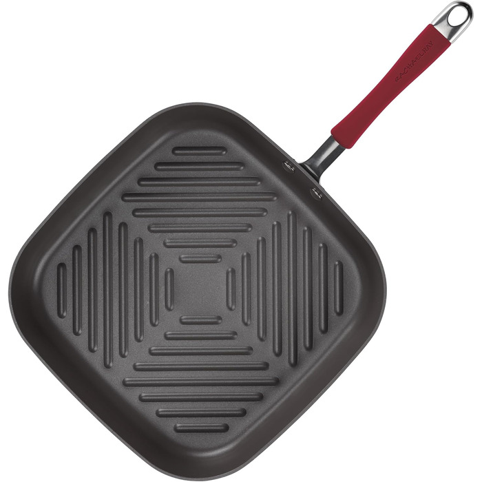Сковорода-гриль Rachael Ray Cucina, квадратна, 28 см, з антипригарним покриттям, сіра з червоними ручками