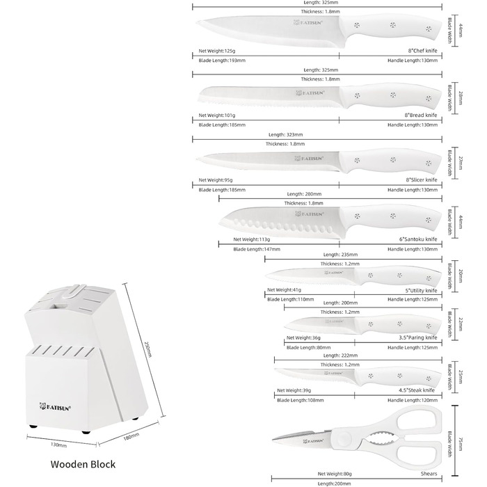 Набір ножів 15 предметів: ніжний блок з самозаточкою, набір кухонних ножів з нержавіючої сталі з ергономічними ручками, включаючи кухонний ніж, саторі та інші
