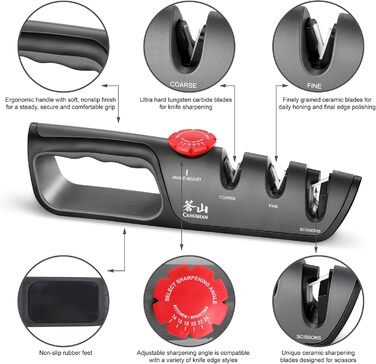Професійний ніж Cangshan 1026108 з регулюванням 3 ступенів (14-24 градуси) + точилка для ножів, чорний