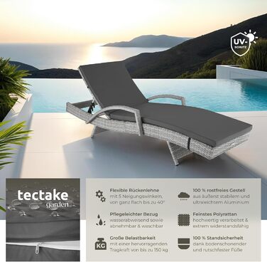 Шезлонг Tectake з поліротангу, регульована спинка, стійкий до погодних умов, з м'яким матрацом, для саду, балкону та тераси (світло-сірий)