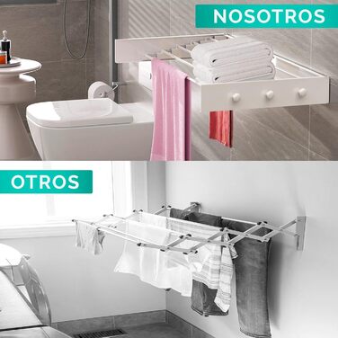 Настінний сушильник для білизни JUPPLIES, висувний, 120 см – розкладний, для дому та вулиці, з алюмінію, 30 кг, білий (з вішалками)