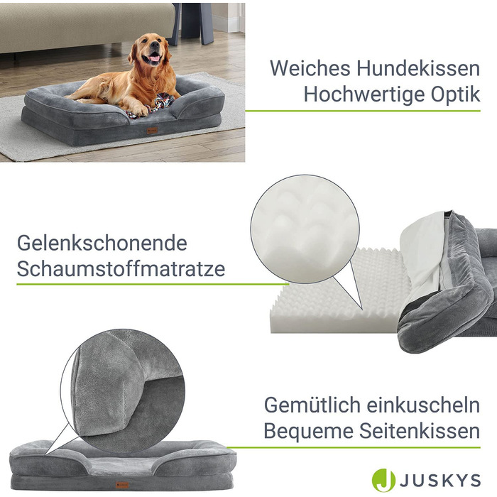 Ортопедичне, миється і нековзне ліжко для собак Джускі Шина - 72 x 60 x 17 з Диван для собак пухнастий Сірий для собак-ліжко для домашніх тварин Диван для собак (L)