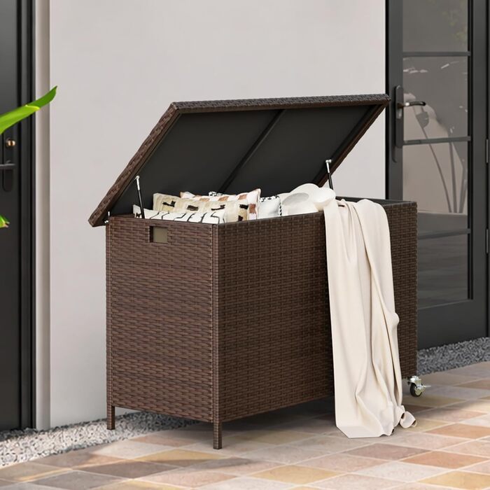 Водонепроникний садовий ящик Amopatio Gartenbox 480л з поліротангу, металевий з колесами та газліфтом для саду, балкону - коричневий