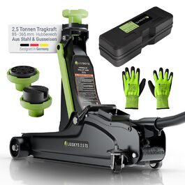 Підйомник гідравлічний Juskys 2.5 т, сталевий, 85-390 мм, з кейсом, гумовими накладками та аксесуарами - Чорно-зелений