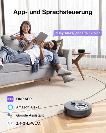 Робот-пилосос OKP L7G 3-в-1 з функцією миття, 6000Pa, LiDAR, 150 хв, WiFi, Alexa, для тварин, килимів, твердих підлог, сірий