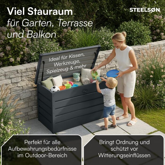 Скриня для саду STEELSØN Dorado 270л, металева оцинкована, водонепроникна, з замком та відкидною кришкою, антрацит - для балкона, тераси, саду 120x62x63 см