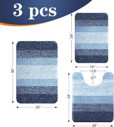 Набір килимків для ванної кімнати OLANLY: м'які, всмоктуючі, з мікрофібри, U-подібний килимок для туалету, пухнастий набір килимків для ванної кімнати (76,2 x 50,8 см + 61 x 40,6 см + 61 x 50,8 см), 3 шт.