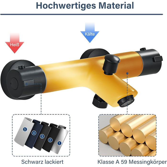Змішувач для ванни з термостатом, чорний, настінний монтаж - універсальний для ванни та умивальника