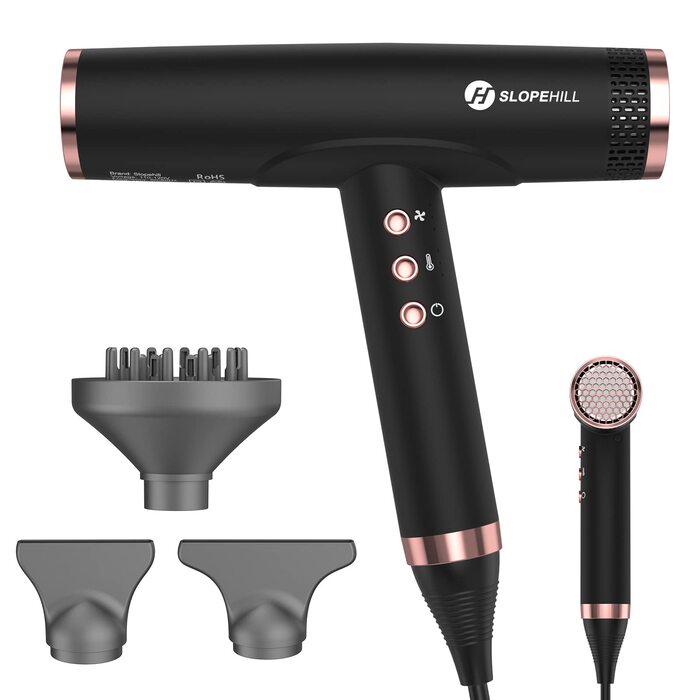 Іонний фен для волосся Slopehill з безщітковим двигуном 110,000 RPM, біокерамічний технологічний обдув, магнітний дифузор, низький рівень шуму, матовий чорний