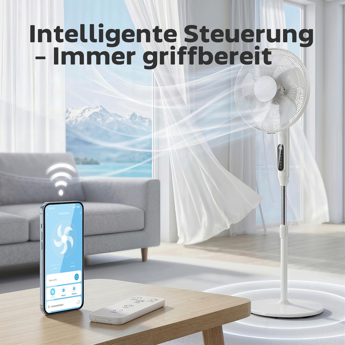 Вентилятор підлоговий з таймером на 15 годин, кутом коливання 85°, LED-панеллю керування, пультом дистанційного керування, білий