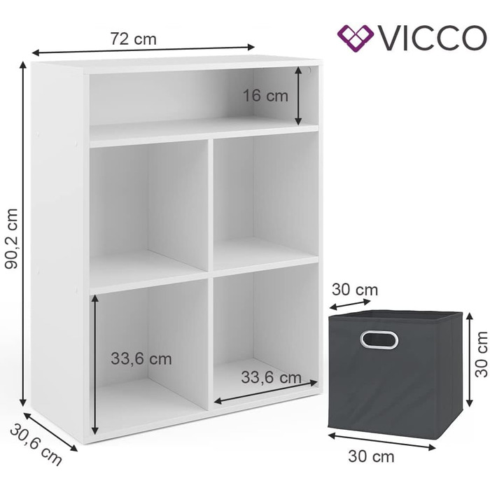 Книжкова шафа Vicco, Білий/Антрацит, 72 x 90,2 см з 4 відкидними коробками