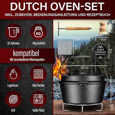 Набір Dutch Oven 4.5л: чавунний горщик для тушкування з ніжками, 2-в-1 кришкою, набором для чищення та рецептами. 30 років гарантії.