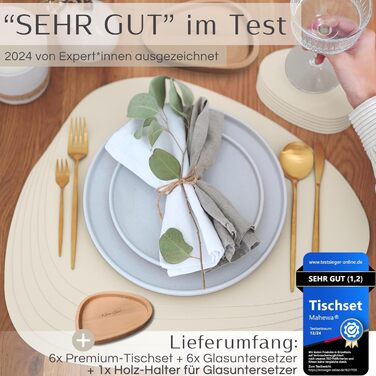 Набір Mahewa® з 6 преміум-підставників для столу з екошкіри, 6 шт. - підставки під тарілки, миються та водонепроникні, підставка під тарілки з імітацією шкіри (крем-бежевий, овальна з тримачем)
