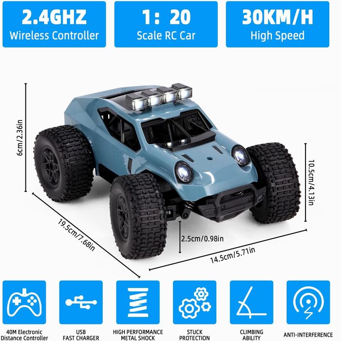 Радіокерований позашляховик Monstertruck 1:20 2.4GHz з фарами, 3 акумулятори (70 хв роботи) - іграшка для дітей та дорослих