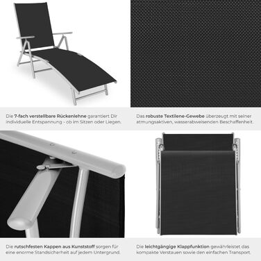 Шезлонг Tectake алюмінієвий, складний, з підлокітниками, регульована спинка, для балкона, саду, тераси, кемпінгу - сріблясто-сірий