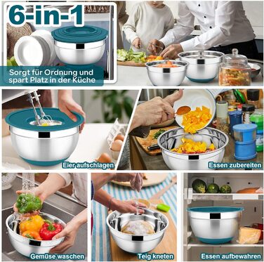 Набір мисок HaWare 6 шт. з нержавіючої сталі з кришками та тертками, 4.6/2.8/2.5/1.6/1.2/0.7 л, силіконове дно, миючі в посудомийній машині