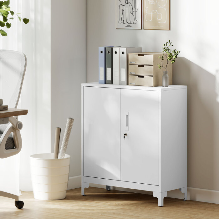 Металева шафа для офісу, з замикаючими дверима, офісна комода, двоярусна конструкція, білий колір