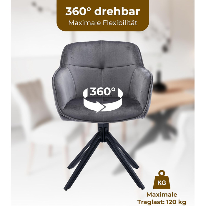 Обідні стільці 2 шт. сірого кольору з пружинним блоком - поворотні, з оксамитовим покриттям - високий рівень комфорту - в ретро-стилі, проста збірка - без ПВХ, сертифіковані Oeko-TEX, з доставкою по Україні