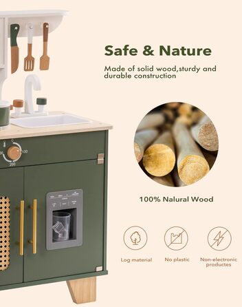 Дерев'яна дитяча кухня ROBOTIME Retro з аксесуарами, мікрохвильовка, диспенсер для льоду, шафка з ротангу, зелений колір, для дітей 3-8 років