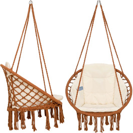 Підвісне крісло для приміщень - Зручне крісло-гамак Boho для саду та балкона - Підвісні гойдалки з м'якою подушкою - Підвісне крісло на відкритому повітрі з атмосферостійким чохлом (коричневий), 5 Macrame