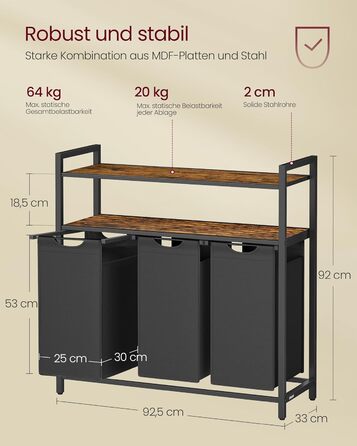 Кошик для білизни VASAGLE 3 відділення, 2 полиці, 120л, висувні кишені, вінтажний коричневий-чорний