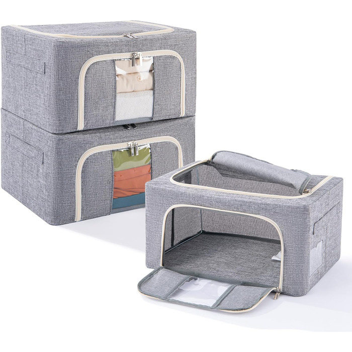 Мішок для зберігання 72 л - можна складати для ковдр - складаний органайзер для гардеробу в коробці (сірий, 24 л), 3 шт.
