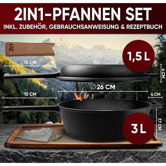 Нідерландський горщик 2в1 з чавуну 4.8л & сковорода з чавуну 1.8л - Набір нідерландського горщика з подвійною функцією - з кулінарною книгою та аксесуарами для барбекю, кемпінгу та кухні - 30 років гарантії (2в1 сковорода)