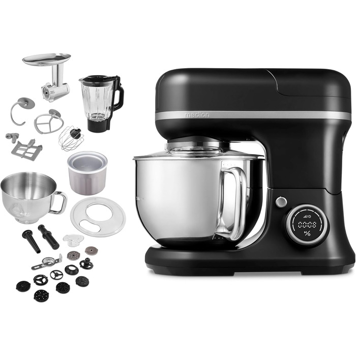 Кухонна машина MEDION MD18430: 3 в 1 (міксер, м'ясорубка, кухонний комбайн), 5 л чаша з нержавіючої сталі, 1200 Вт, цифровий дисплей, чорний