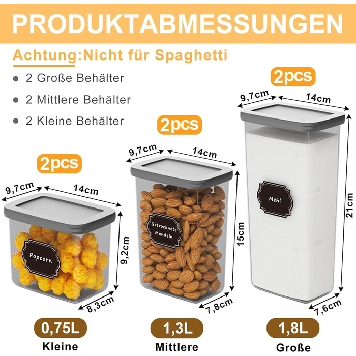 Герметичні контейнери для зберігання продуктів з кришкою, набір 6 шт, сірий (1,8 л)