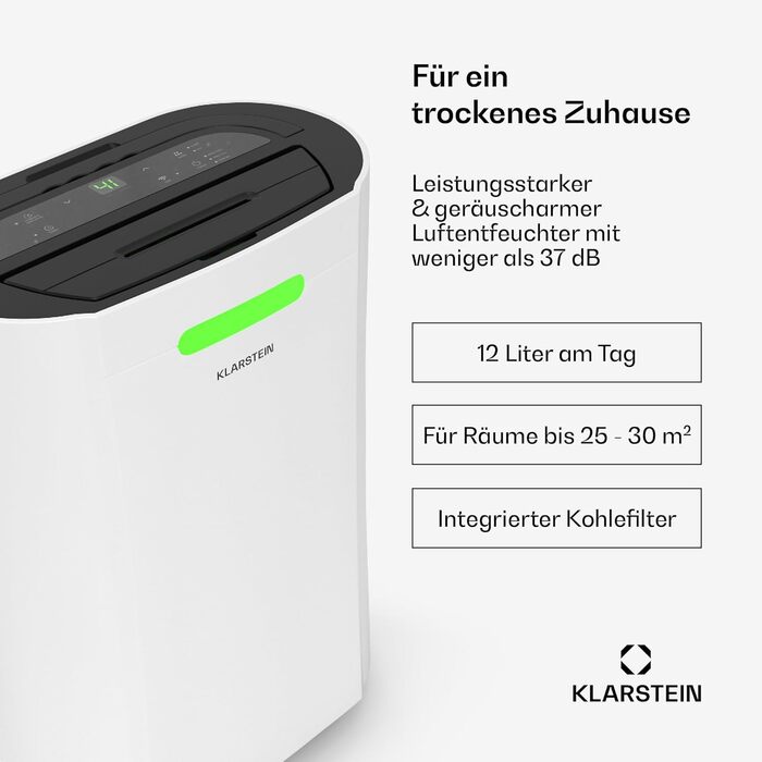 Klarstein AeroDry Smart 12l: Електричний осушувач повітря 12 л/день, WiFi, керування через додаток, білий