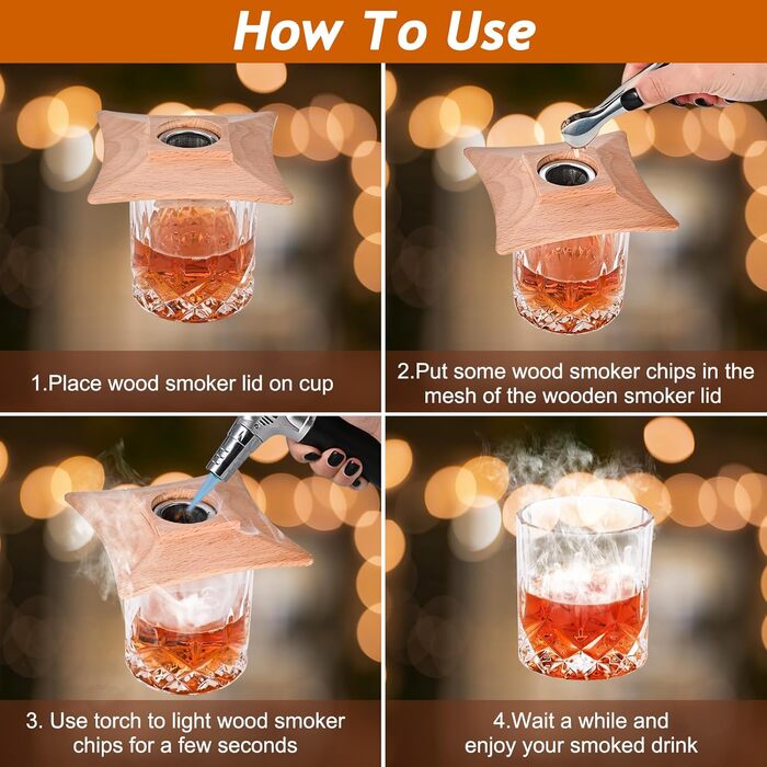 Набір для копчення коктейлів GOLDGE: набір для віскі з 6 видами дерев'яної стружки, ліхтарик, каміння для віскі. Подарунок для батька, чоловіка