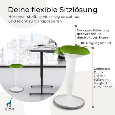 Standup.Today Ерганомічний хокер Ella (білий/зелений) – регульована висота 55-80 см – для офісу та дому – з ефектом гойдання
