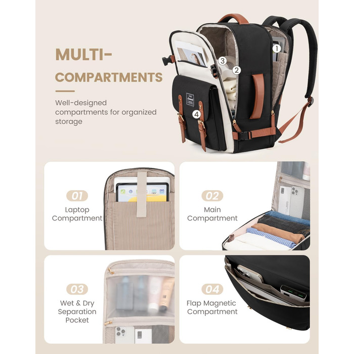 LOVEVOOK Рюкзак для ручної поклажі, жіночий рюкзак для подорожей, водонепроникний рюкзак для ноутбука 17 дюймів, шкільний рюкзак для жінок/студенток, чорний, коричневий (45x32x15 см)